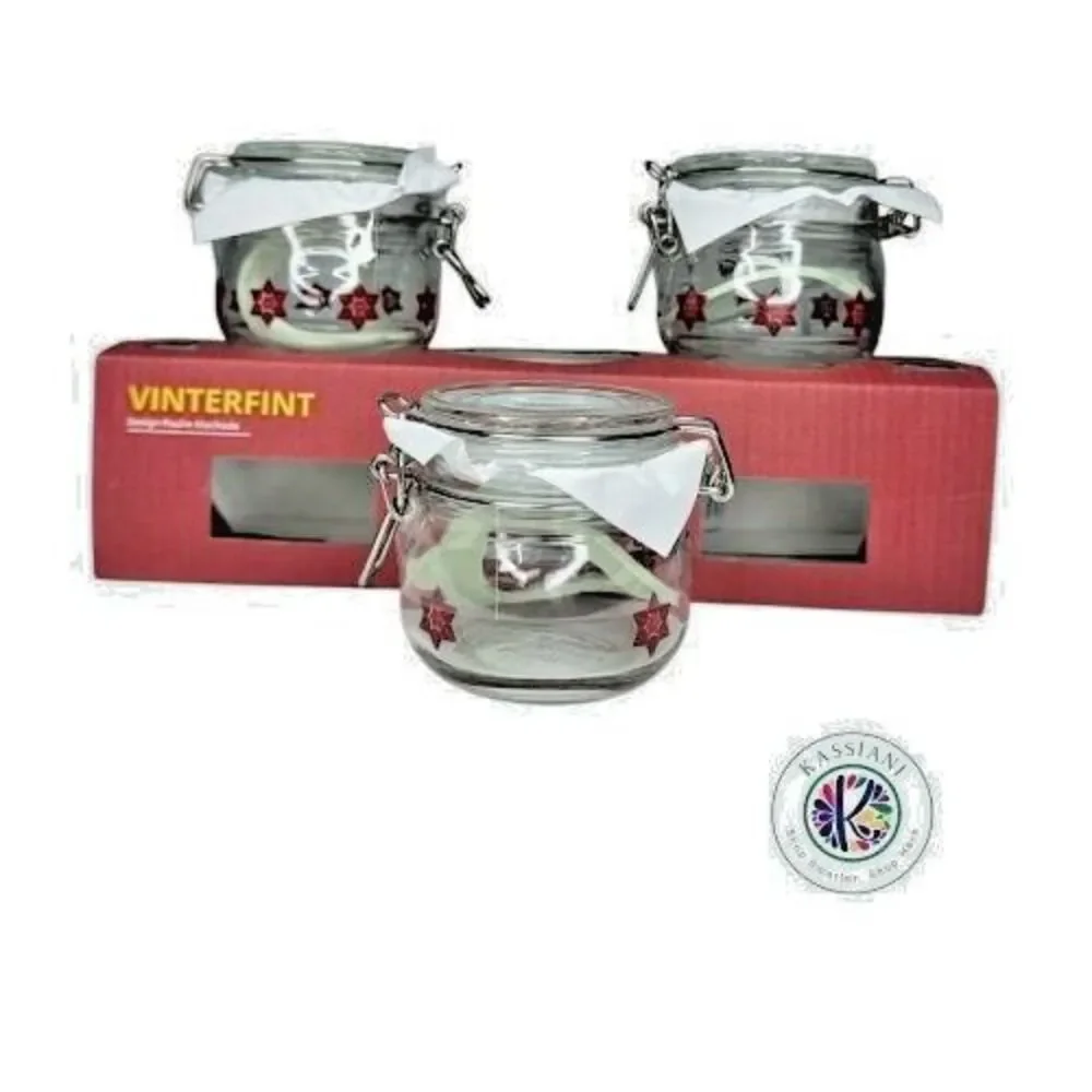 IKEA VINTERFINT‎ Jars with Lid, Red Floral Pattern, Clear Glass 4 oz - 3 PACK